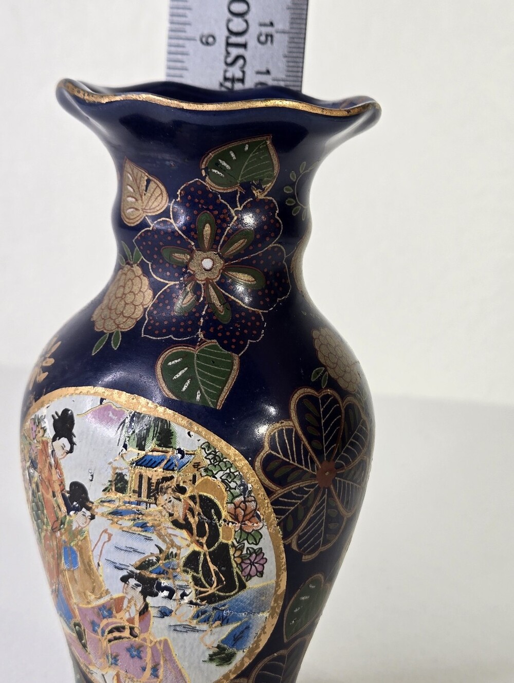 VTG Japanese Satsuma Style Vase Cobalt Blue Gold Hand Painted Geisha Moriage‎ - Picture 12 of 17